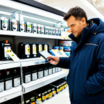 **Prompt for Heaters and Geysers:**
    A professional male customer, fully clothed in a modest and practical winter jacket, standing in the well-lit electronics section of a large retail store. He is naturally posed, examining a modern, energy-efficient oil-filled heater and a compact instant geyser displayed on a shelf. BEE star rating labels are visible on the appliances. The background shows an organized aisle with various home appliances. Professional photography, high resolution, realistic, perfect anatomy, correct proportions, well-formed hands, proper finger count, natural body proportions, safe for work, appropriate content, family-friendly, professional.