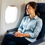 A serene and well-rested woman, fully clothed, seated comfortably in a business class airplane cabin during a long-haul flight. She is wearing modest, smart-casual travel attire, including a soft sweater and dark trousers. Her feet are relaxed, subtly indicating comfort. The cabin is bright and modern, with a window view of clouds. She gazes calmly out the window, appearing completely at ease and free from travel fatigue. Professional photography, high resolution, soft natural lighting, realistic detailed texture. safe for work, appropriate content, fully clothed, modest clothing, professional dress, perfect anatomy, correct proportions, natural pose, well-formed hands, proper finger count, natural body proportions, family-friendly.