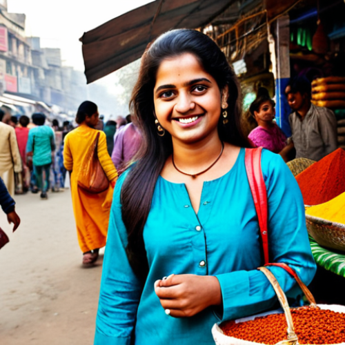 **

A young woman wearing a colourful Kurti and jeans, standing in a vibrant Delhi market. She is smiling and holding a bag full of spices. The scene is full of life, with vendors and other shoppers in the background. Bright daylight, perfect focus, professional photography. Safe for work, fully clothed, modest attire.

**