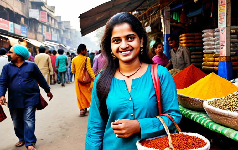 **
A young woman wearing a colourful Kurti and jeans, standing in a vibrant Delhi market. She is smiling and holding a bag full of spices. The scene is full of life, with vendors and other shoppers in the background. Bright daylight, perfect focus, professional photography. Safe for work, fully clothed, modest attire.
**