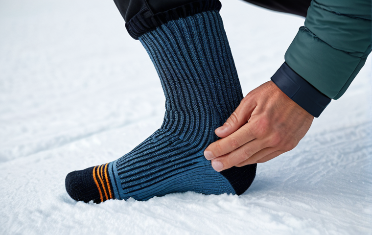 ** Close-up shot of a Merino wool snowboarding sock, showcasing its texture and warmth. Focus on the fibers and construction. safe for work, appropriate content, fully clothed, professional. perfect anatomy, correct proportions, natural pose, well-formed hands, proper finger count, natural body proportions.
2. **