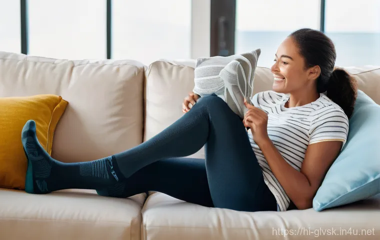 의료용 압박 양말 사용법 - **Prompt:** "A young professional woman, approximately 30 years old, begins her morning routine by s...