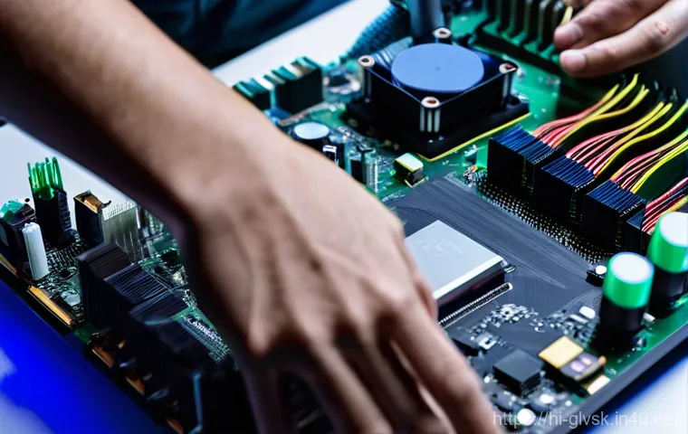 정전기 방지 장갑 추천 - **Prompt:** A close-up shot of a person's hands delicately assembling a high-end gaming PC motherboa...