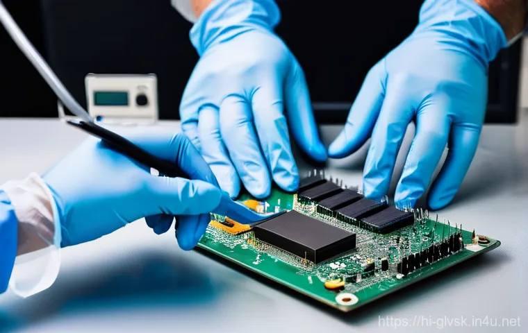 정전기 방지 장갑 추천 - **Prompt:** A close-up shot of a person's hands delicately assembling a high-end gaming PC motherboa...