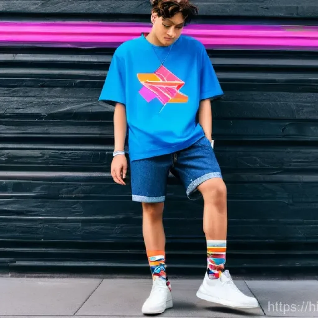 최신 디자인 캐주얼 양말 - **Urban Street Style with Funky Crew Socks**
    "A vibrant, full-body shot of a young adult, appear...