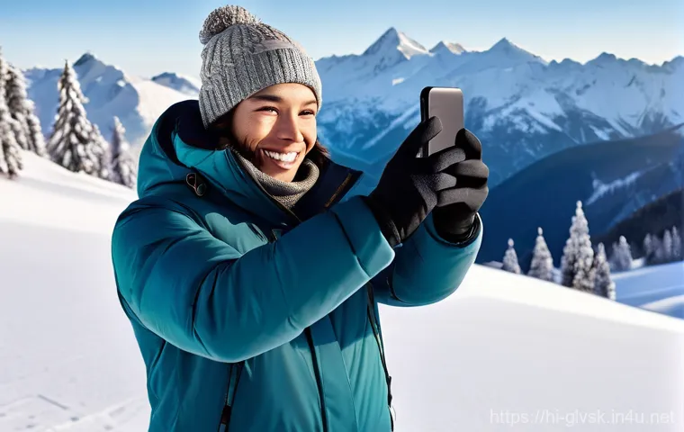 내장 발열 패드 장갑 리뷰 - **Prompt:** A young adult (20s-30s, gender-neutral) stands on a snow-covered mountain peak under a c...