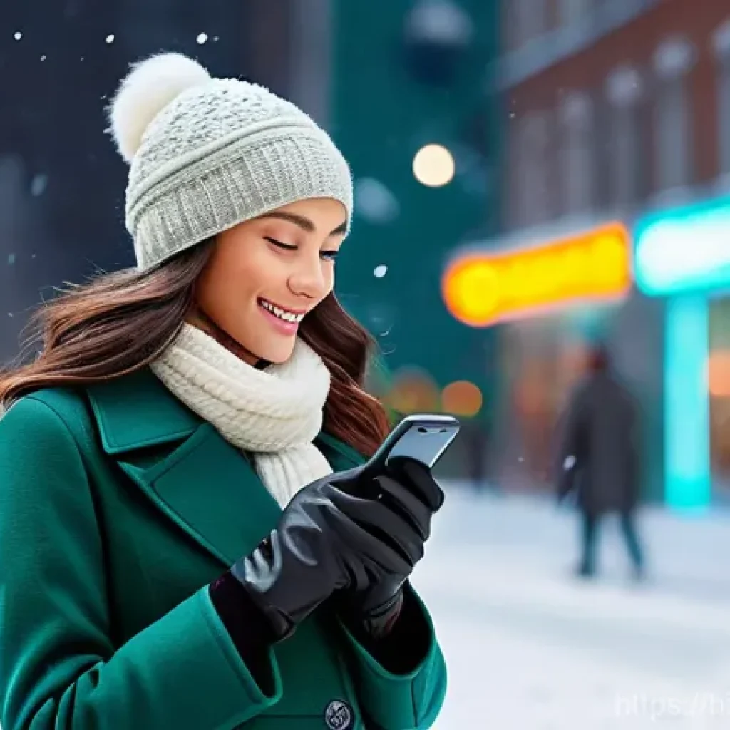 스마트폰 터치 장갑 추천 - **Prompt:** A stylish young woman is confidently navigating a vibrant, snowy city street on a crisp ...