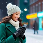 스마트폰 터치 장갑 추천 - **Prompt:** A stylish young woman is confidently navigating a vibrant, snowy city street on a crisp ...