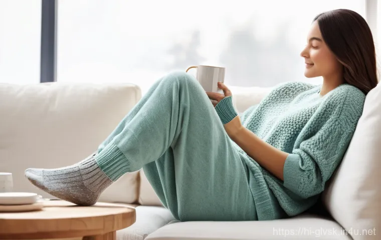 프리미엄 니트 양말 추천 - **Prompt: "A serene young adult, gender-neutral, is relaxing indoors in a cozy, sunlit living room. ...