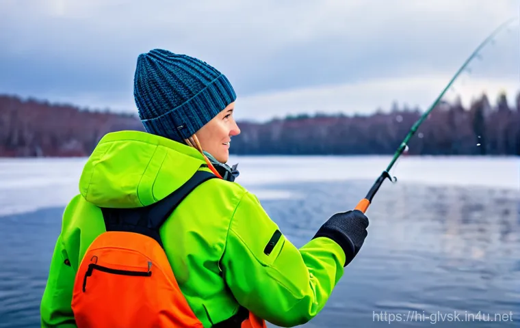 동계 낚시 장갑 추천 - **Prompt 2: Detail of Convertible Fishing Gloves in Use**
    "A close-up shot focusing on an angler...