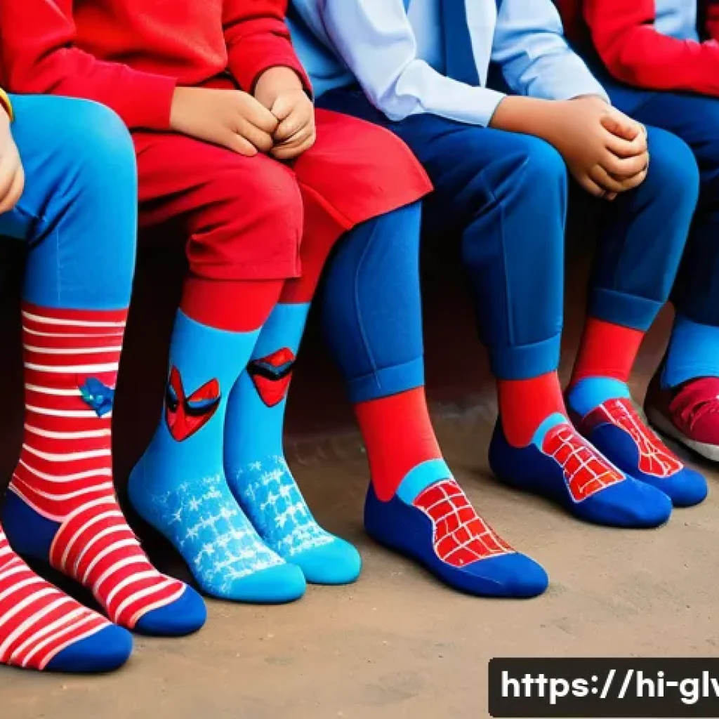 학생들이 좋아하는 캐릭터 양말 - A vibrant and colorful scene featuring a group of Indian school students wearing playful character s...