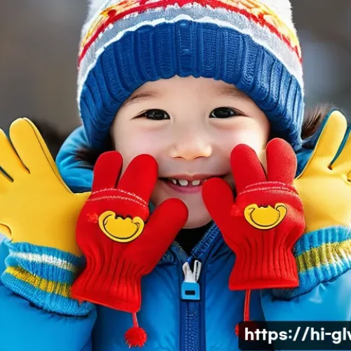 어린이 캐릭터 장갑 트렌드 - A cheerful young child wearing colorful gloves featuring popular cartoon characters like Mickey Mous...