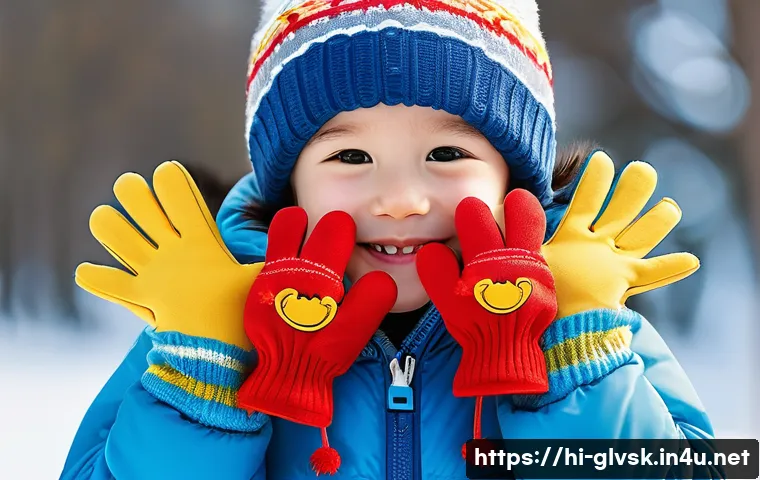 어린이 캐릭터 장갑 트렌드 - A cheerful young child wearing colorful gloves featuring popular cartoon characters like Mickey Mous...