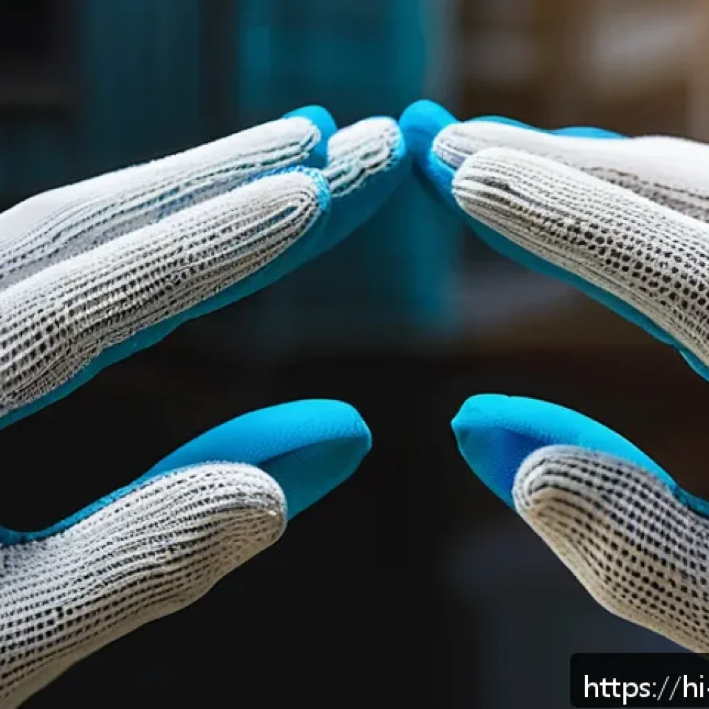 산업용 방진 장갑 리뷰 - A close-up image of a pair of hands wearing durable nitrile-coated dust proof gloves, holding fine i...