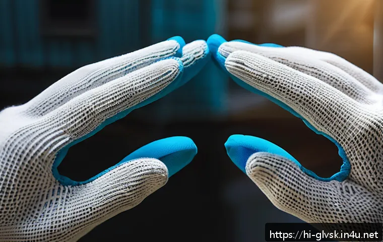 산업용 방진 장갑 리뷰 - A close-up image of a pair of hands wearing durable nitrile-coated dust proof gloves, holding fine i...