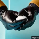 물론 방한 장갑 유지 관리법 - A detailed close-up of hands gently cleaning a pair of soft leather gloves with a mild soap and a so...