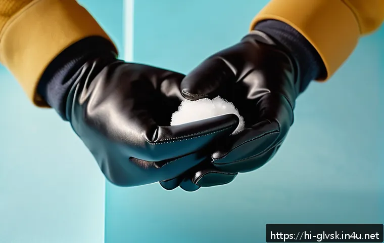 물론 방한 장갑 유지 관리법 - A detailed close-up of hands gently cleaning a pair of soft leather gloves with a mild soap and a so...