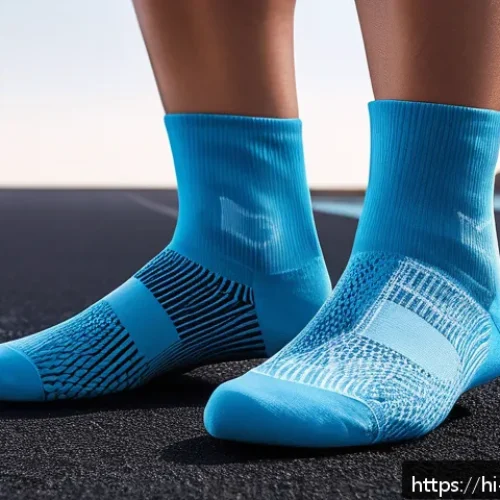 스포츠양말 쿠셔닝 비교 - A close-up image of a pair of athletic socks designed for running, featuring light to medium cushion...