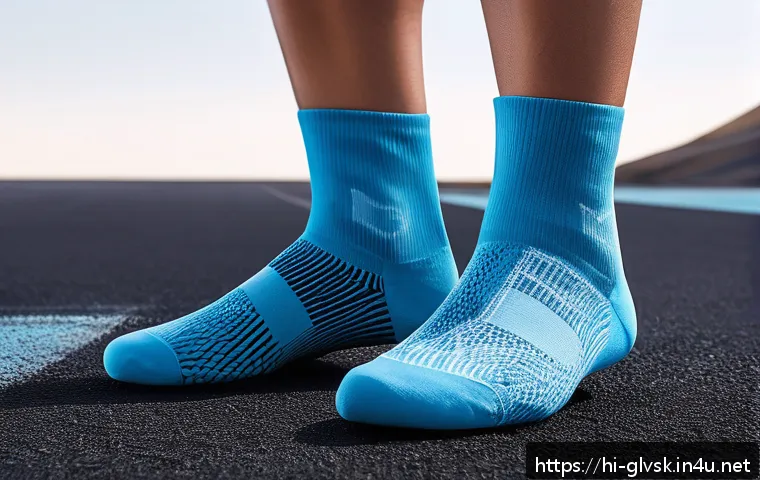 스포츠양말 쿠셔닝 비교 - A close-up image of a pair of athletic socks designed for running, featuring light to medium cushion...