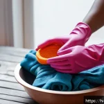 방한 장갑 보관 방법 - A close-up scene of hands washing woolen gloves gently in a basin filled with cold water and mild so...