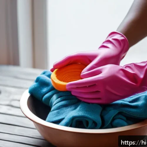 방한 장갑 보관 방법 - A close-up scene of hands washing woolen gloves gently in a basin filled with cold water and mild so...