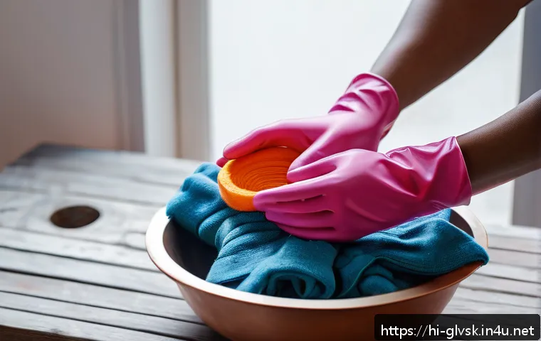 방한 장갑 보관 방법 - A close-up scene of hands washing woolen gloves gently in a basin filled with cold water and mild so...