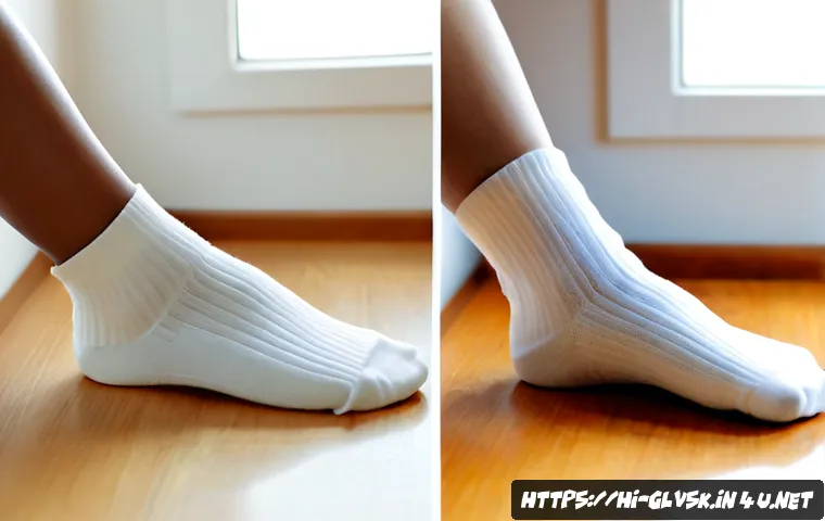 면 양말과 합성섬유 양말 비교 - Photorealistic side-by-side comparison of neatly folded cotton socks and synthetic fiber socks on a ...